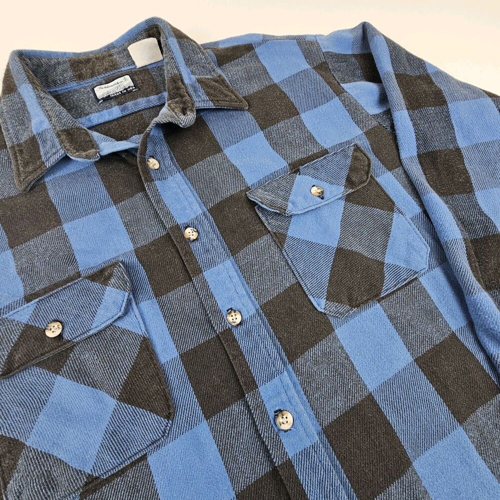 Vintage Fieldmaster Flannel Shirt Mens 2XL Made USA Blue Buffalo Plaid Workwear